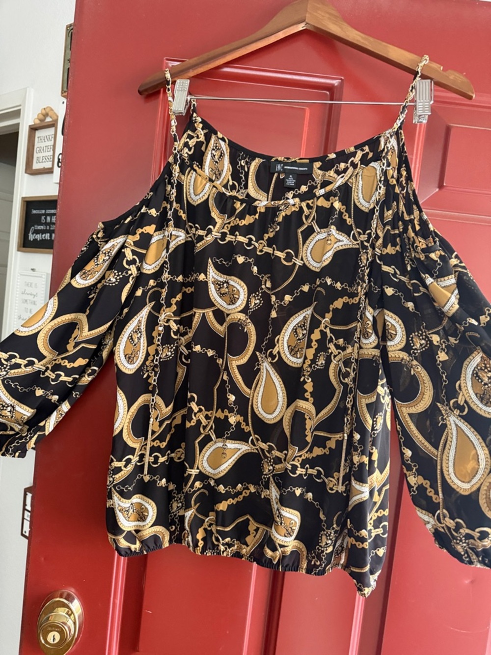 Cold-Shoulder Black & Gold Paisley Chain Print Blouse